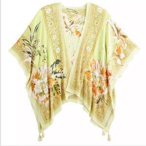 Nine West Green and Orange Kimono Shawl with Floral Design